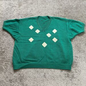 Unbranded Sweater Womens 3X Green Argyle Short Sleeve V neck Pullover Sweatshirt